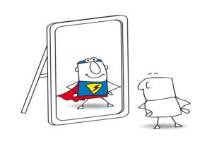Cartoon man sees his reflection in the mirror as a super hero. Join our online courses!