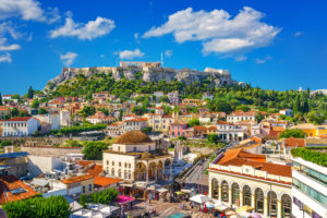 View of the ancient Acropolis hill, as seen from the oldest district of Athens, Plaka. Country: Greece
